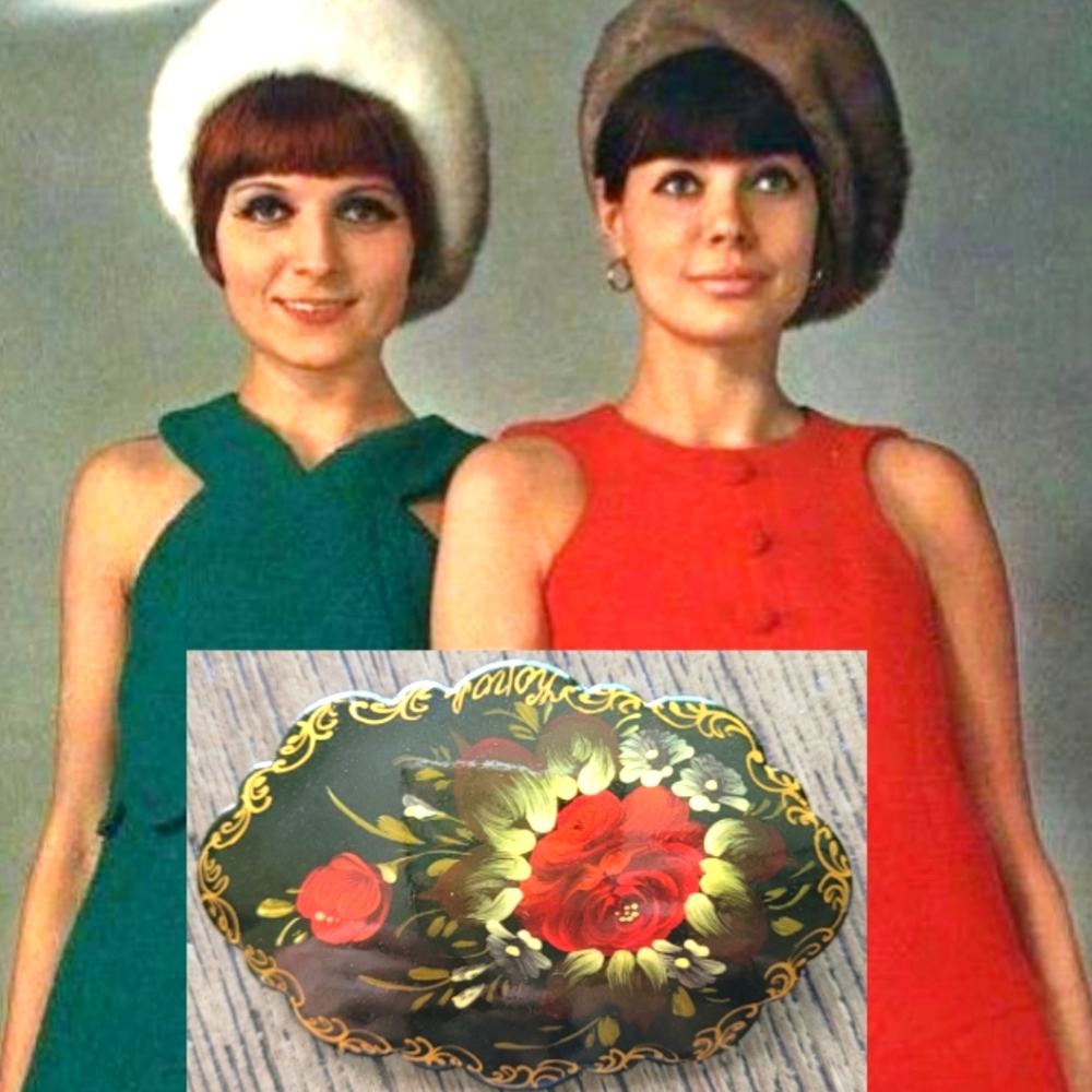 Vintage Hand Painted Russian Floral Lacquer Brooch